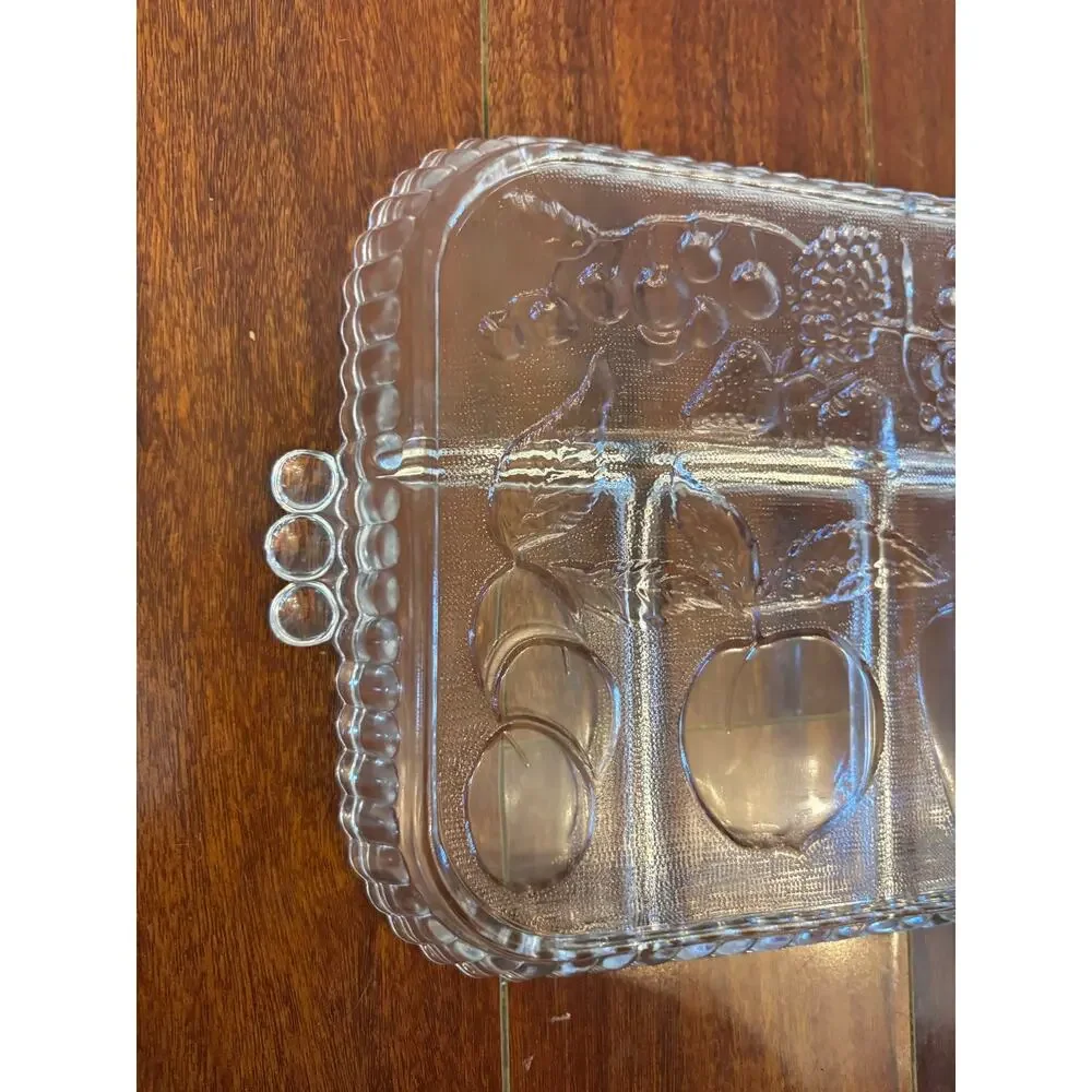 Vintage Indiana Glass Clear 5 Section Divided Embossed Fruit 9x12 Serving Tray